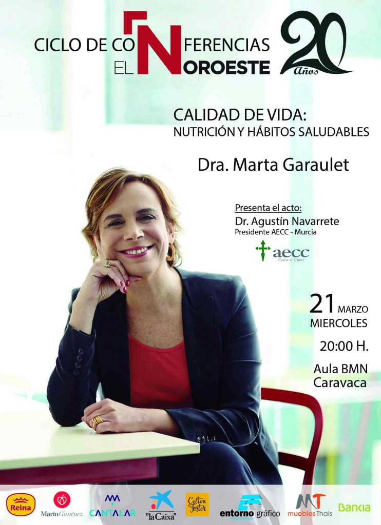 Cartel de la charla de Marta Garaulet con motivo del 20 aniversario del periódico 'El Noroeste'.